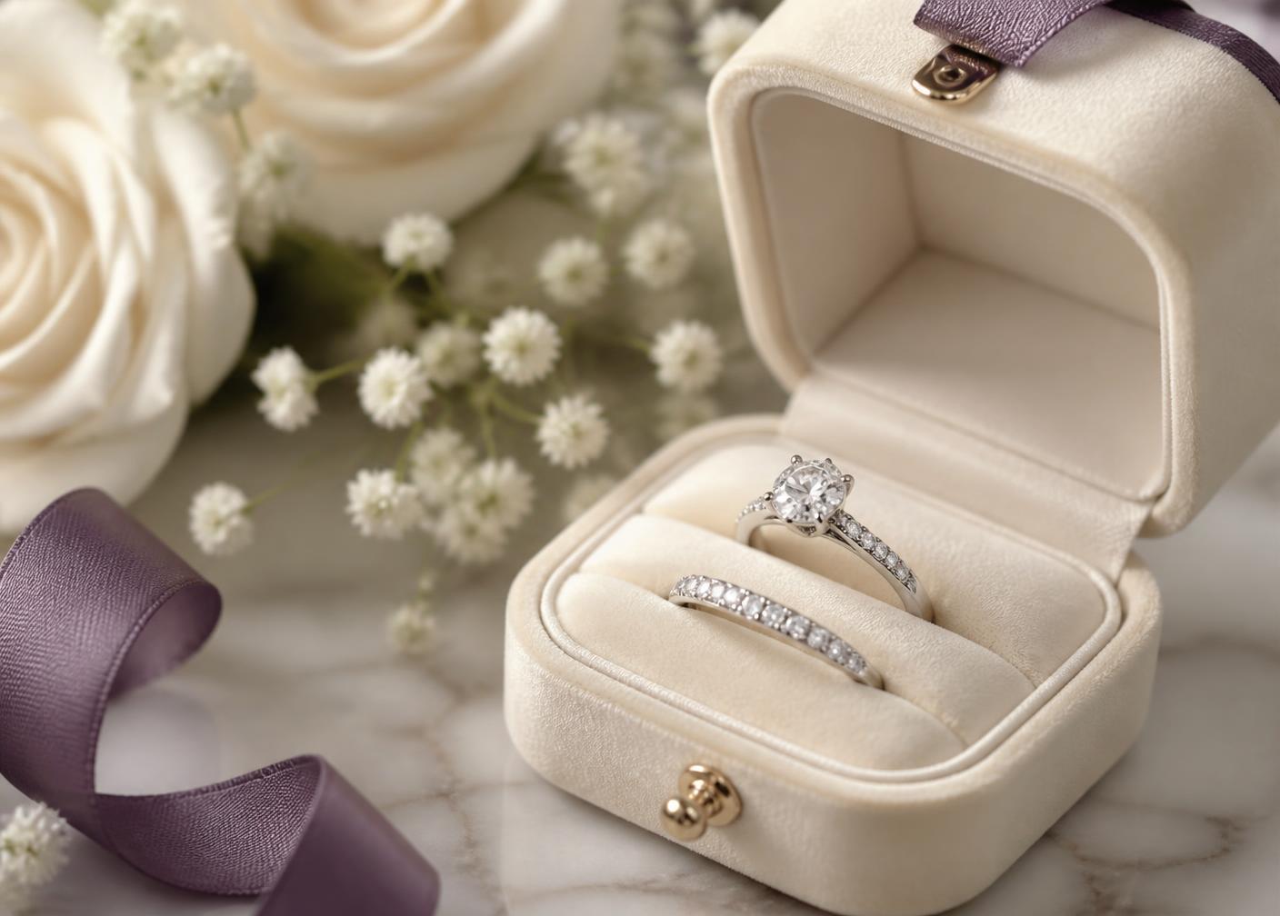 Diamond engagement ring and wedding band in a cream velvet box with roses