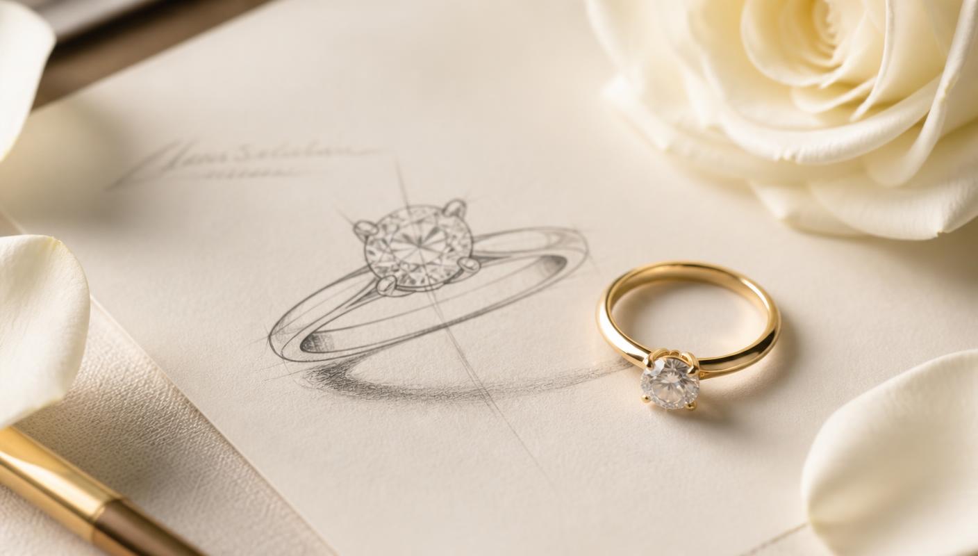Diamond ring beside a hand-drawn jewelry sketch and white rose petals