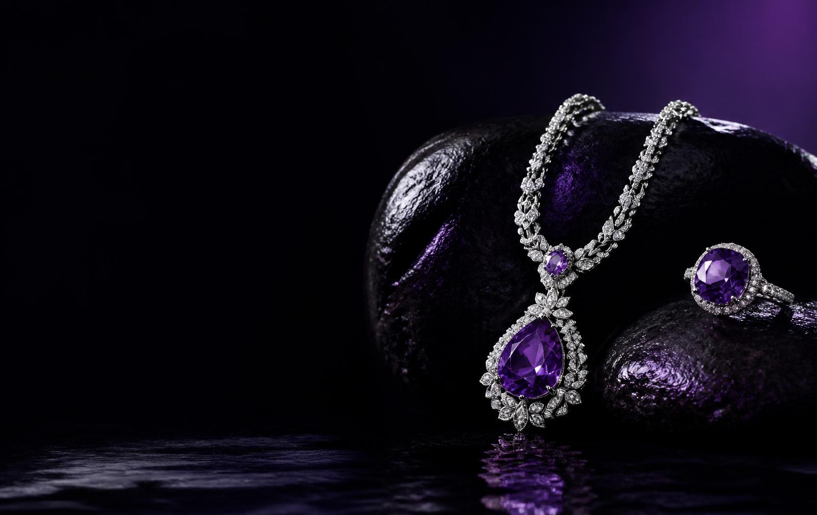 Amethyst and diamond pendant with matching ring on black stone